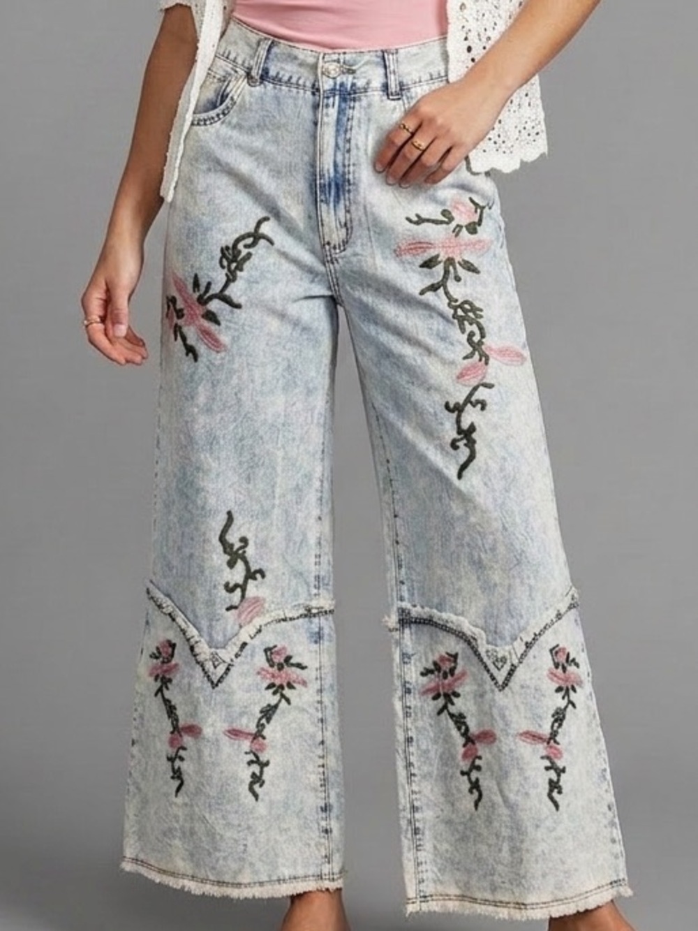 POL Light-Wash Wide-Leg Jeans with Pink Floral Embroidery - Picture 2 of 2